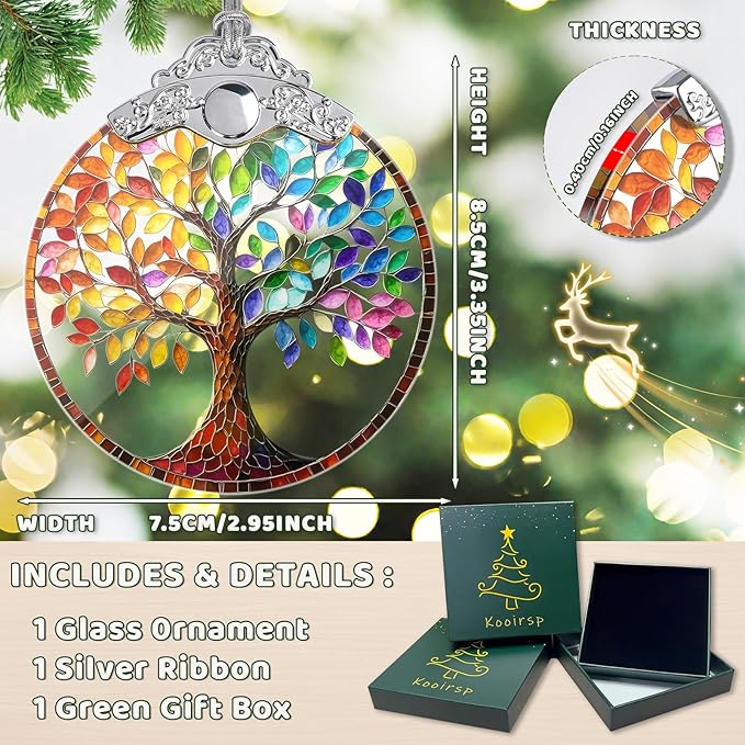 Tree of Life Ornaments for Christmas Tree, Stained Glass Christmas Ornaments and Xmas Tree Decorations