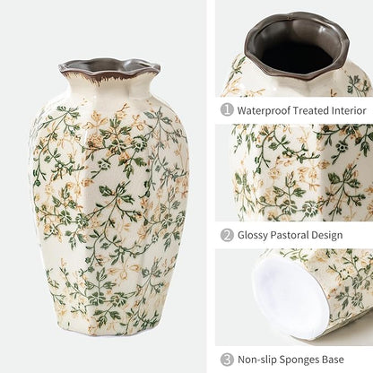 Vintage Pastoral Octagonal Vase, Green and Beige Retro Ceramic Flower Vase, Rustic Farmhouse Vases Chinoiserie Floral Large Vase for Home Decor, Living Room, Kitchen, Bedroom and Shelf 9.1 Inch