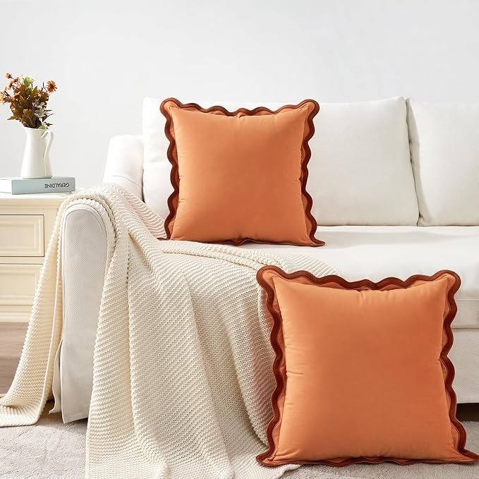 MONDAY MOOSE Decorative Throw Pillow Covers Cushion Cases, Set of 2 Soft Velvet Scalloped Wavy Edge Designs, Mix and Match for Home Decor, Pillow Inserts Not Included (Rust/Coral, 18x18 inch)