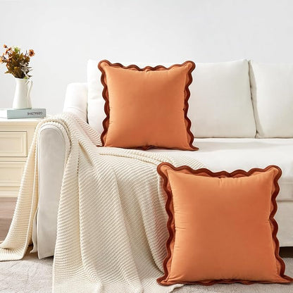 MONDAY MOOSE Decorative Throw Pillow Covers Cushion Cases, Set of 2 Soft Velvet Scalloped Wavy Edge Designs, Mix and Match for Home Decor, Pillow Inserts Not Included (Rust/Coral, 18x18 inch)