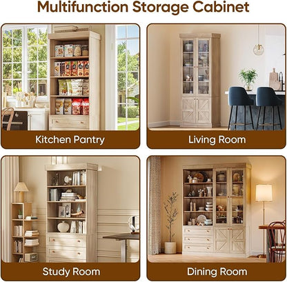 Vyre 71" Tall Farmhouse Bookshelves with Glass Doors and Drawers, Set of 3 – Large Modular Bookcase with Adjustable Shelves, Storage Cabinet for Living Room, Kitchen, Brown