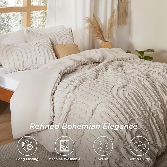 Bedsure Boho Tufted Twin Comforter Set - Beige Boho Bedding Comforter Sets, 2 Pieces Farmhouse Shabby Chic Embroidery Bed Set, Soft Fluffy Cozy Arch Pattern Comforter for All Seasons