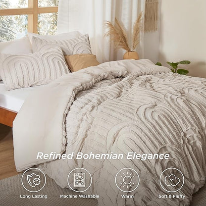 Bedsure Boho Tufted Queen Comforter Set - Beige Boho Bedding Comforter Sets, 3 Pieces Farmhouse Shabby Chic Embroidery Bed Set, Soft Fluffy Cozy Arch Pattern Comforter for All Seasons