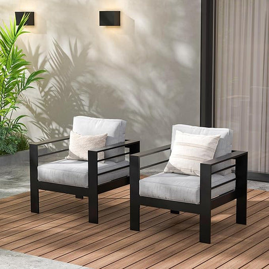 Wisteria Lane 2 Pieces Patio Furniture Aluminum Outdoor Chair , All-Weather Outdoor Single Chair , Black Metal Chair with Light Grey Cushions