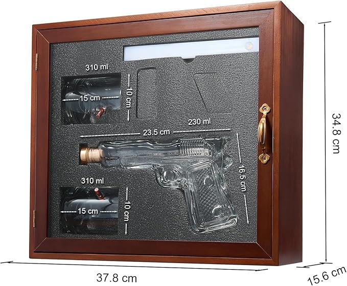Pistol & Bullet Shot Glasses Hanging Wall Display Case With Light - 7.7 Pistol Gun Decanter & 10oz Glassware - Military Gifts, Veteran Gifts, Law Enforcement Gifts Home Bar Gifts, Drinking Accessories