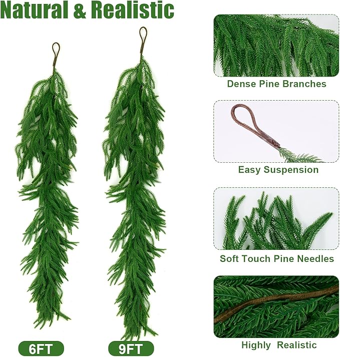 2Pcs 6 FT Artificial Norfolk Pine Garlands, Realistic Christmas Garland Thickness Real Touch Winter Greenery Garland for Table Mantle Wall Indoor Outdoor Christmas Decor