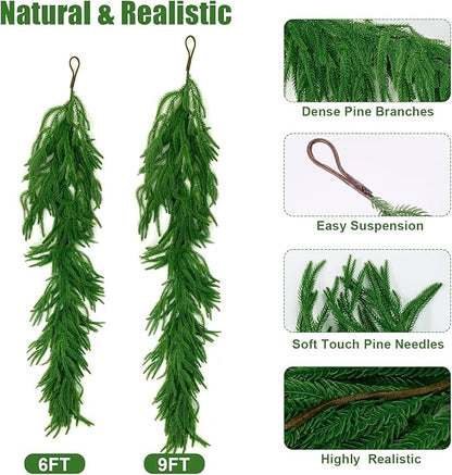 2Pcs 6 FT Artificial Norfolk Pine Garlands, Realistic Christmas Garland Thickness Real Touch Winter Greenery Garland for Table Mantle Wall Indoor Outdoor Christmas Decor