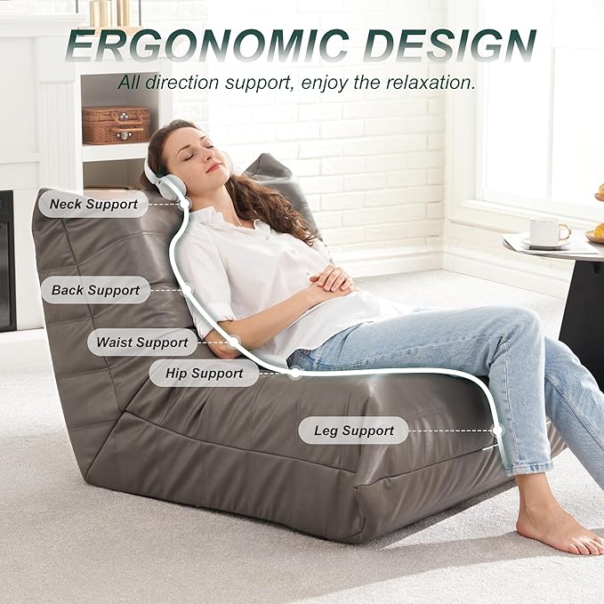 Hobestluk Giant Bean Bag Chair Lazy Floor Sofa, Fireside Sofa for Adults, Big Beanbag Faux Leather Armless Chair for Living Room Bedroom Dorm Office (Grey, Single)