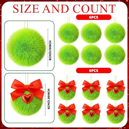 Jenaai 12 Pcs Lime Green Ball Christmas Ornaments for Xmas Tree 2 Size Christmas Hanging Decorations Soft Furry Pom Pom Balls with Red Bow for Xmas Tree Hanging Decor Party Supplies