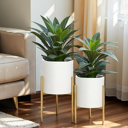 LuxenHome Planters for Indoor Plants, Set of 2 Indoor Plant Pots, White Planter with Gold Metal Stand, Luxury Flower Pots for Plants, Large Floor Plant Pot, NOT Waterproof