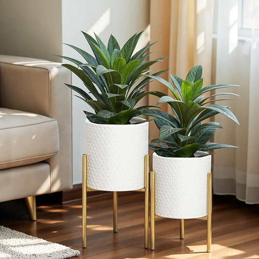 LuxenHome Planters for Indoor Plants, Set of 2 Indoor Plant Pots, White Planter with Gold Metal Stand, Luxury Flower Pots for Plants, Large Floor Plant Pot, NOT Waterproof
