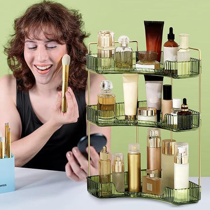 Corner Bathroom Counter Organizer Bathroom Countertop Shelf Makeup Organizer for Vanity Perfume Corner Storage (3 Tiers, Green)