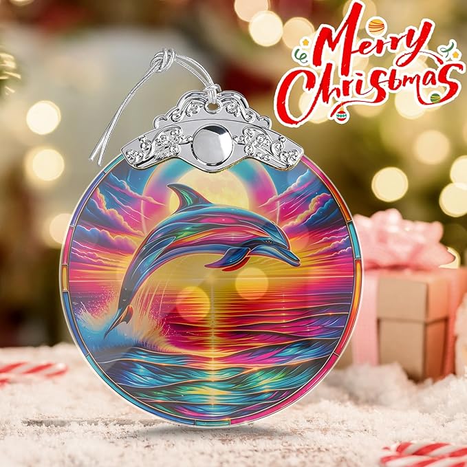 Dolphin Stained Glass Tree Ornament, Dolphin Christmas Tree Ornaments Xmas Decor, Holiday and Xmas Presents