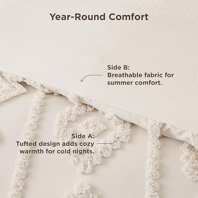 Bedsure King Size Comforter Set - Beige Tufted Boho Bed Set, Farmhouse Shabby Chic Embroidery Bedding for All Seasons, 3 Pieces, 1 Soft Jacquard King Comforter and 2 Pillow Shams