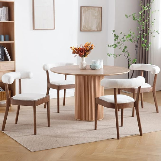 Wood Dining Chairs Set of 4, Mid Century Modern Living Room Chairs with Unique Curved Open Back Comfy Upholstered Side Chair for Kitchen/Restaurant/Reception, Linen White
