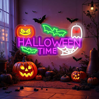 Halloween Time Neon Sign Ghost Decor Sign Spooky Neon Sign, Halloween Hanging Neon Light for Bat Pumpkin Neon Light for Bar Man Cave Horror Party Game Room Man Cave Horror Party Game Room