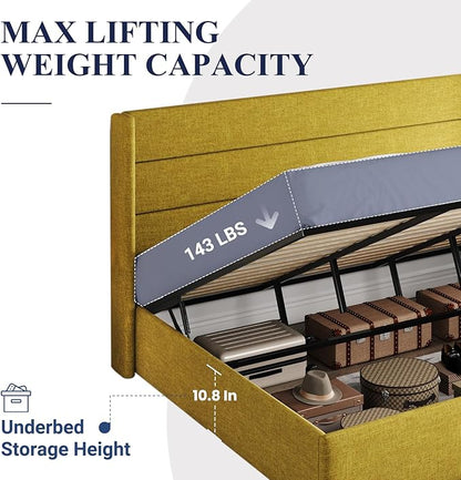 Allewie King Size Lift Up Storage Bed, Modern Wingback Headboard, Hydraulic Support, No Box Spring Needed, Olive Yellow