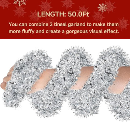 50Ft Christmas Tinsel Garland - Silver Shiny Metallic Twist Decor for Christmas Tree Home Stairs Railing Front Door Mantle Fireplace Indoor Outdoor Holiday Party