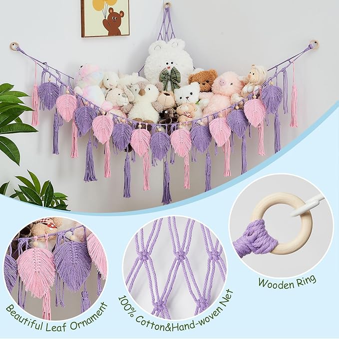 Pretty Jolly Stuffed Animal Storage with Hand Woven Leaf Tassels Hammock Corner Hanging Net Boho Macrame Plush Storage for Kid Room Nursery Decor Wall Display Organizer for Girls Boy Gift(Purple)
