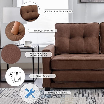 Modern Upholstered Futon Loveseat Convertible Sleeper Sofa Bed 3 in 1 Sofabed Lounge Chaise Daybed, Brown