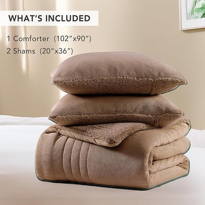 Monbix Fluffy King Size Comforter Set Brown, Sherpa Plush Fuzzy Comforter 3 Piece for King Size Bed, Luxury Soft Winter Warm Bedding Set