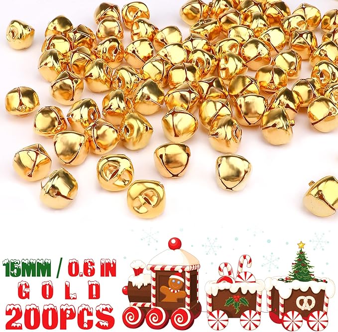 Augshy 200 Pieces Jingle Bells 3/5Inch Craft Bell Bulk for Christmas Home and Pet Decorations Xmas Decor Party Favors Supplies (Gold)