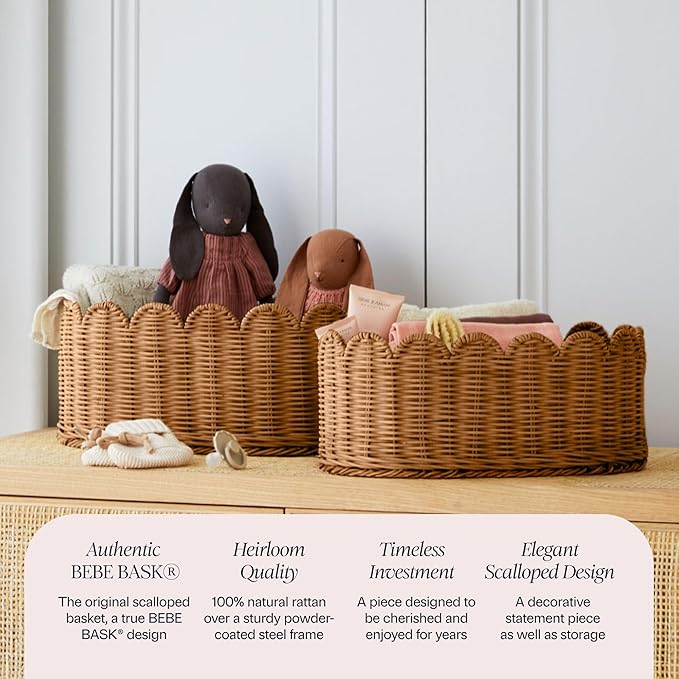 BEBE BASK Premium Scalloped Basket Set Of 2 - Scallop Basket - 16 x 10 x 7 Inch - Hand-Woven Elegant Wicker With Scalloped Edge - Nursery Storage (Mocca)