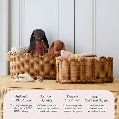 BEBE BASK Premium Scalloped Basket Set Of 2 - Scallop Basket - 16 x 10 x 7 Inch - Hand-Woven Elegant Wicker With Scalloped Edge - Nursery Storage (Mocca)