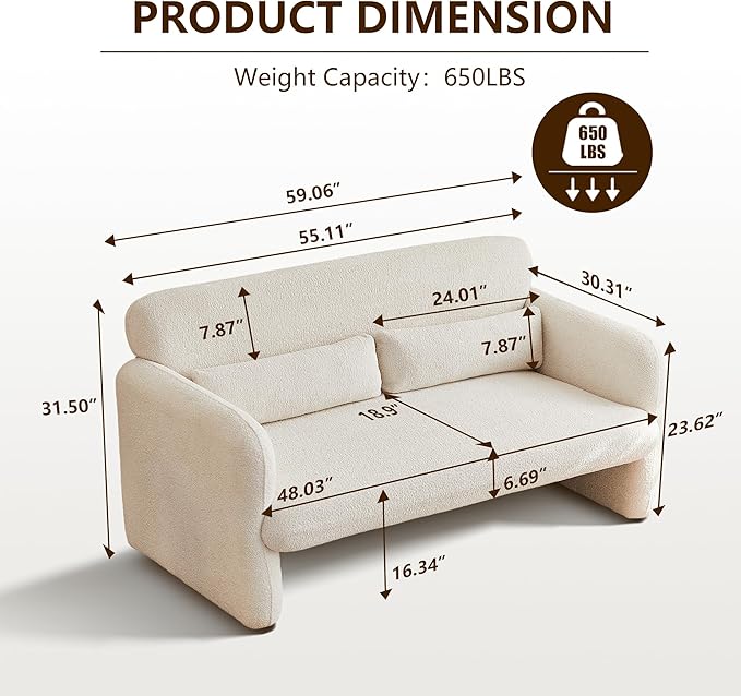 59.1'' Loveseat Sofa, 2 Seater Upgrade Sherpa Fabric Love Seat Couch, Comfy Upholstered Modern Leisure Loveseat Couches with 2 Waist Pillow for Bedroom, Office, Living Room