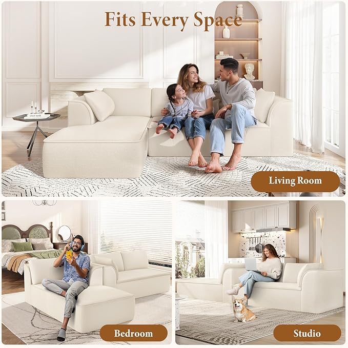 Vesgantti 106" Cloud Couch Sectional Modular Sofa, Deep Seat Comfy Cloud Couch Chenille Sofa Modular Couches for Living Room Bedroom, No Assembly Required (Beige, Left-Facing Chaise)