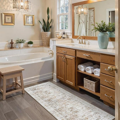 Uphome Bathroom Runner Rug, Distressed Tribal Farmhouse Light Khaki Bathroom Mat, Large Bathroom Rugs Non Slip Washable, Oriental Retro Boho Bath Mat Runner for Bathtub Sink Hallway, 24x71 inch