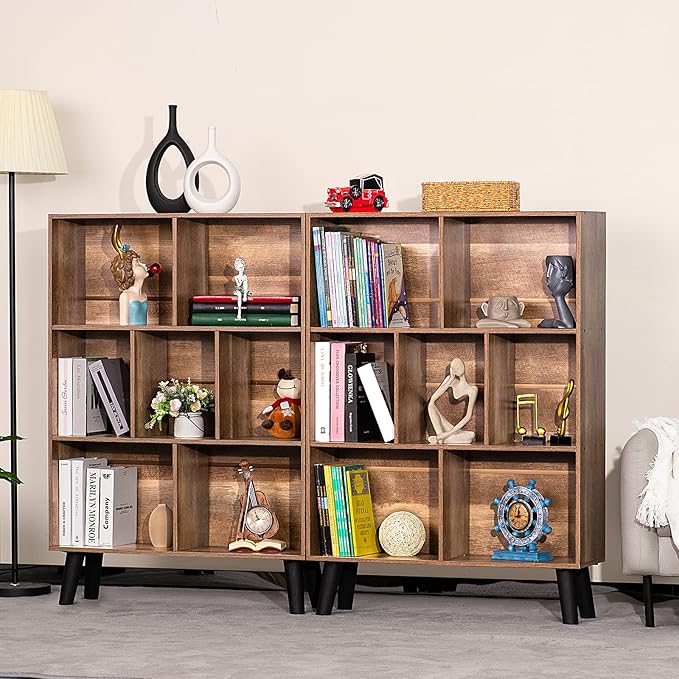 LEYAOYAO 7 Cube Bookshelf 3 Tier Modern Bookcase with Legs,Wood Book Shelves Storage Organizer Shelf,Free Standing Bookcases,Oak Display Bookshelves
