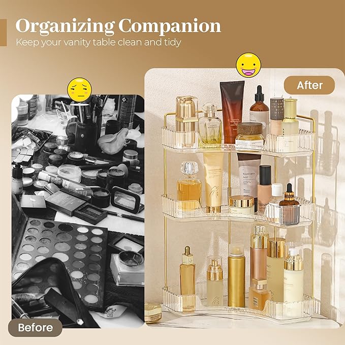 Aveniee Corner Bathroom Counter Organizer, Bathroom Countertop Shelf Makeup Storage, Clear Perfume Tray Holder (3 Tiers, White)