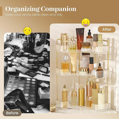Aveniee Corner Bathroom Counter Organizer, Bathroom Countertop Shelf Makeup Storage, Clear Perfume Tray Holder (3 Tiers, White)