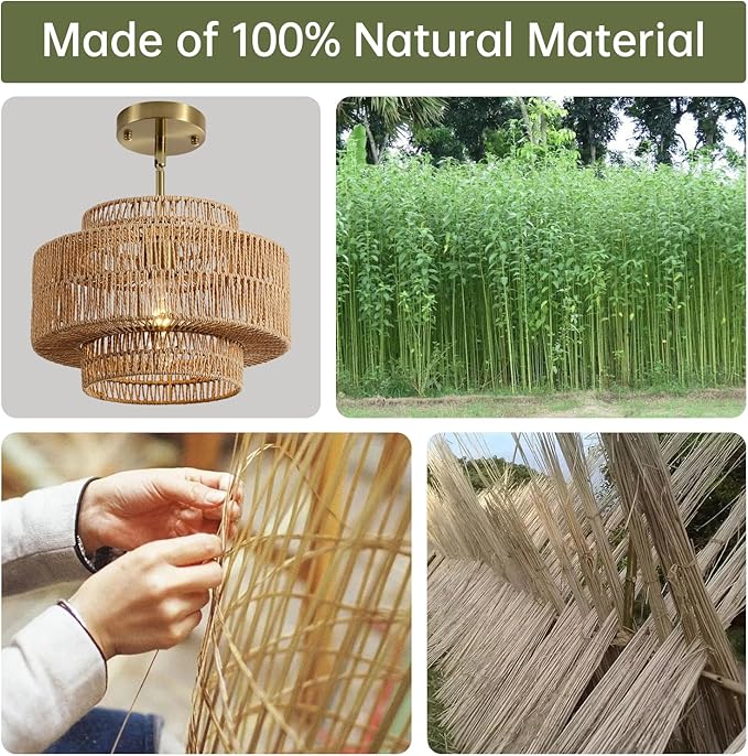12.4” Boho Rattan Chandelier Light Fixture, 1-Light Hand Woven Pendant Light Fixture Farmhouse Rustic Hanging Lamp for Kitchen Island Bedroom, Dining Room, Living Room, Entryway, Foyer