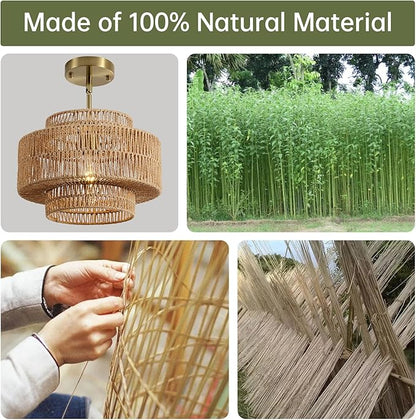 12.4” Boho Rattan Chandelier Light Fixture, 1-Light Hand Woven Pendant Light Fixture Farmhouse Rustic Hanging Lamp for Kitchen Island Bedroom, Dining Room, Living Room, Entryway, Foyer