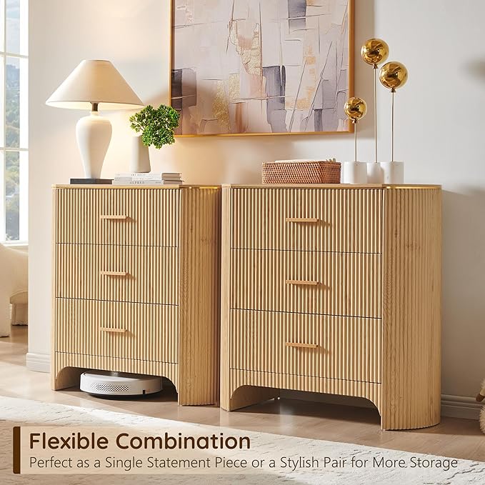 Fluted 3 Drawers Nightstand with Charging Station,31.7" W Bedside Table with Curved Profile Design,End Table Storage with USB Ports for Bedroom,Living Room,Gold Metal Handle,Natural Oak