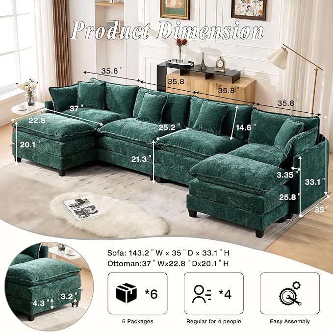 SoarFlash 143.2" Chenille Sectional Sofa, Comfy U Shaped Modular Coush Sofa with Ottoman, Modern 4 Seat Couch Deep Seat Sofa Set for Living Room,Green