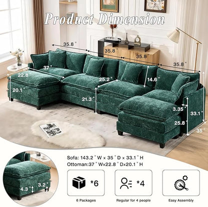 SoarFlash 143.2" Chenille Sectional Sofa, Comfy U Shaped Modular Coush Sofa with Ottoman, Modern 4 Seat Couch Deep Seat Sofa Set for Living Room,Green