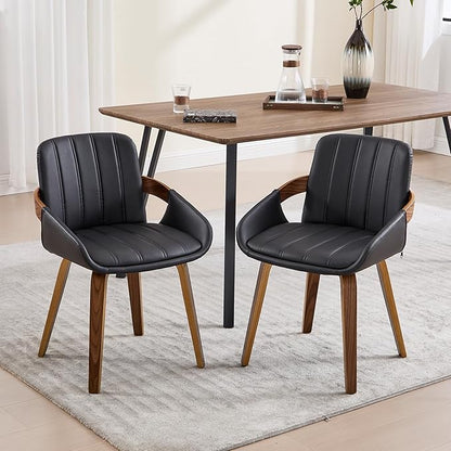 Dining Chairs Set of 2, Mid Century Modern Dining Room Chairs with Arms and Mid Back PU Leather Upholstered Bentwood Kitchen Chairs for Home Restaurant Office - Black