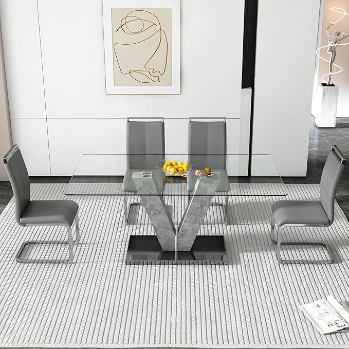 71" Glass Dining Table Set for 4, 5-Piece Table Set, Kitchen Table and 4 PU Leather Chairs, Dining Table Set Ideal for Living Room