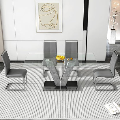 71" Glass Dining Table Set for 4, 5-Piece Table Set, Kitchen Table and 4 PU Leather Chairs, Dining Table Set Ideal for Living Room