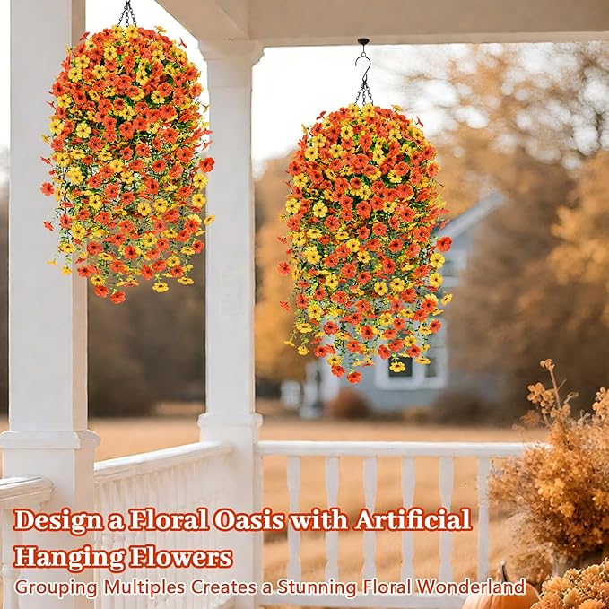 Yastouay 2 Pack Artificial Fall Hanging for Outdoors, Fake Hanging Plants Artificial Decor, Silk Orange Fake Mums Fall Flowers Artificial for Decoration Porch Front Door Yard Fall Decor