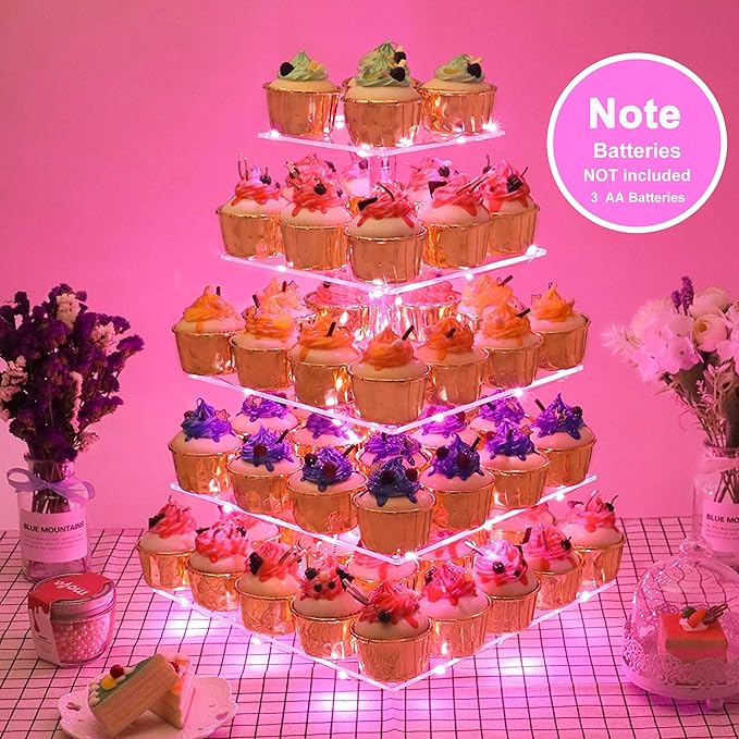 YestBuy Cupcake Stand – 5 Tier Premium Cupcake Holder – Acrylic Cupcake Tower Display – Cady Bar Party Décor –Acrylic Display for Pastry + LED Light String – Ideal for Weddings, Birthday (Pink)