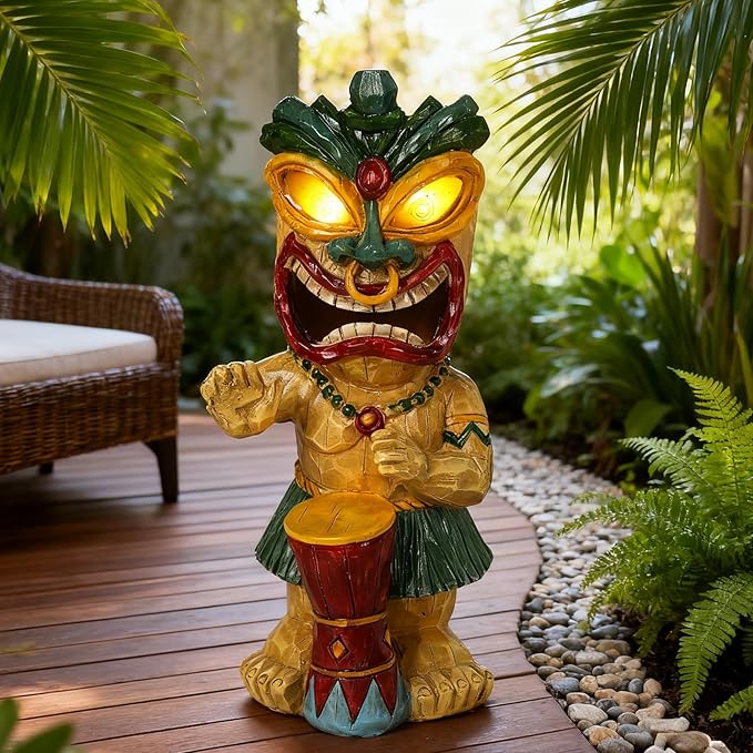 Solar Tiki Garden Statue with LED Eyes Outdoor Polynesian Drummer Hawaiian Party Decor Solar Light Ornament for Patio Porch Lawn Tiki Bar or Tiki Lover Funny Gifts