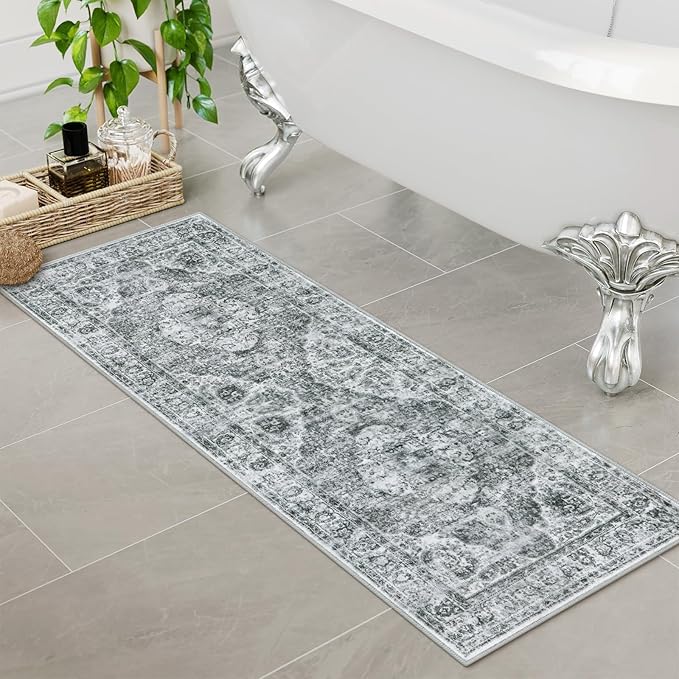 Uphome Gray Bathroom Rugs, Distressed Farmhouse Boho Bath Mat, Non Slip Washable Soft Velvet Bath Mats for Bathroom Floor, Vintage Traditonal Bath Runner for Bathtub Sink Shower, 18x47 inch