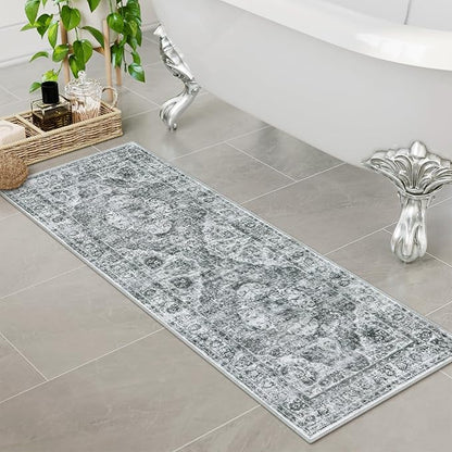 Uphome Gray Bathroom Rugs, Distressed Farmhouse Boho Bath Mat, Non Slip Washable Soft Velvet Bath Mats for Bathroom Floor, Vintage Traditonal Bath Runner for Bathtub Sink Shower, 18x47 inch