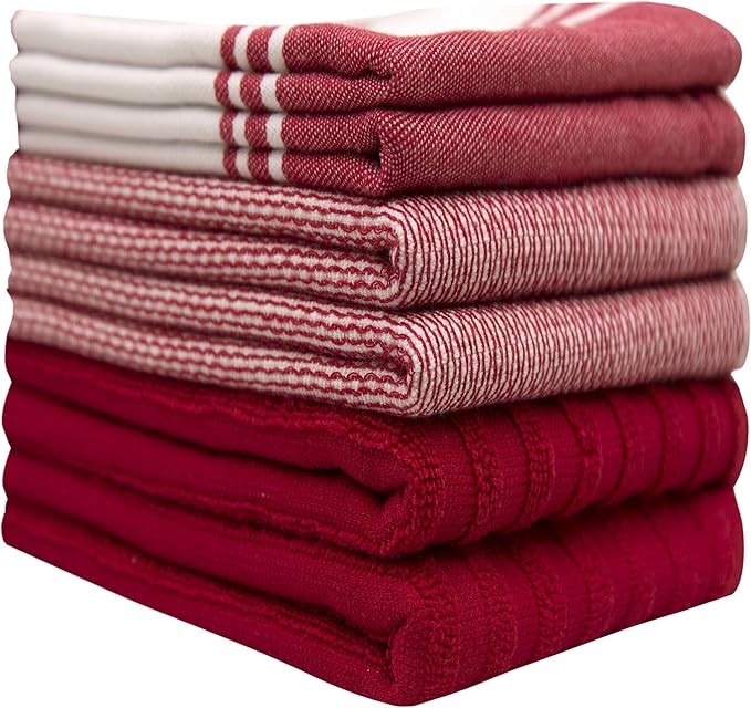 Premium Kitchen Towels 6 Pack Large Cotton Hand Towels Flat Terry Absorbent Hanging Loop Wide Stripe Red 20x28