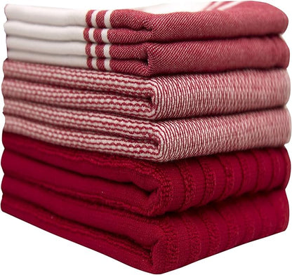 Premium Kitchen Towels 6 Pack Large Cotton Hand Towels Flat Terry Absorbent Hanging Loop Wide Stripe Red 20x28
