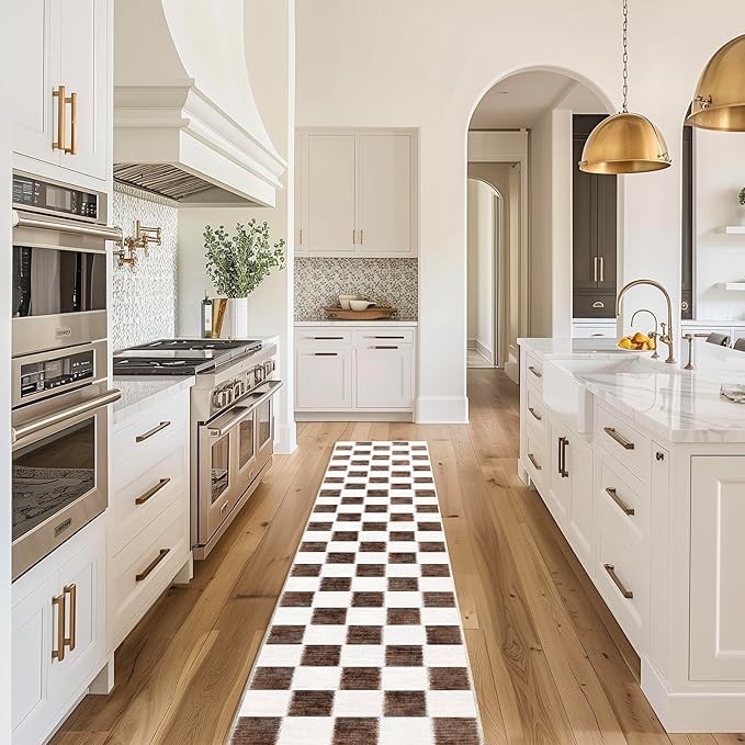 EVERGRACE Checkered Plaid Area Rug 2x10, Soft Fuzzy Faux Wool Rugs Washable Anti Slip Rugs Long Runner Carpet for Entryway Bedroom Living Room Hallway Kitchen Dining Room and Laundry, Dark Brown